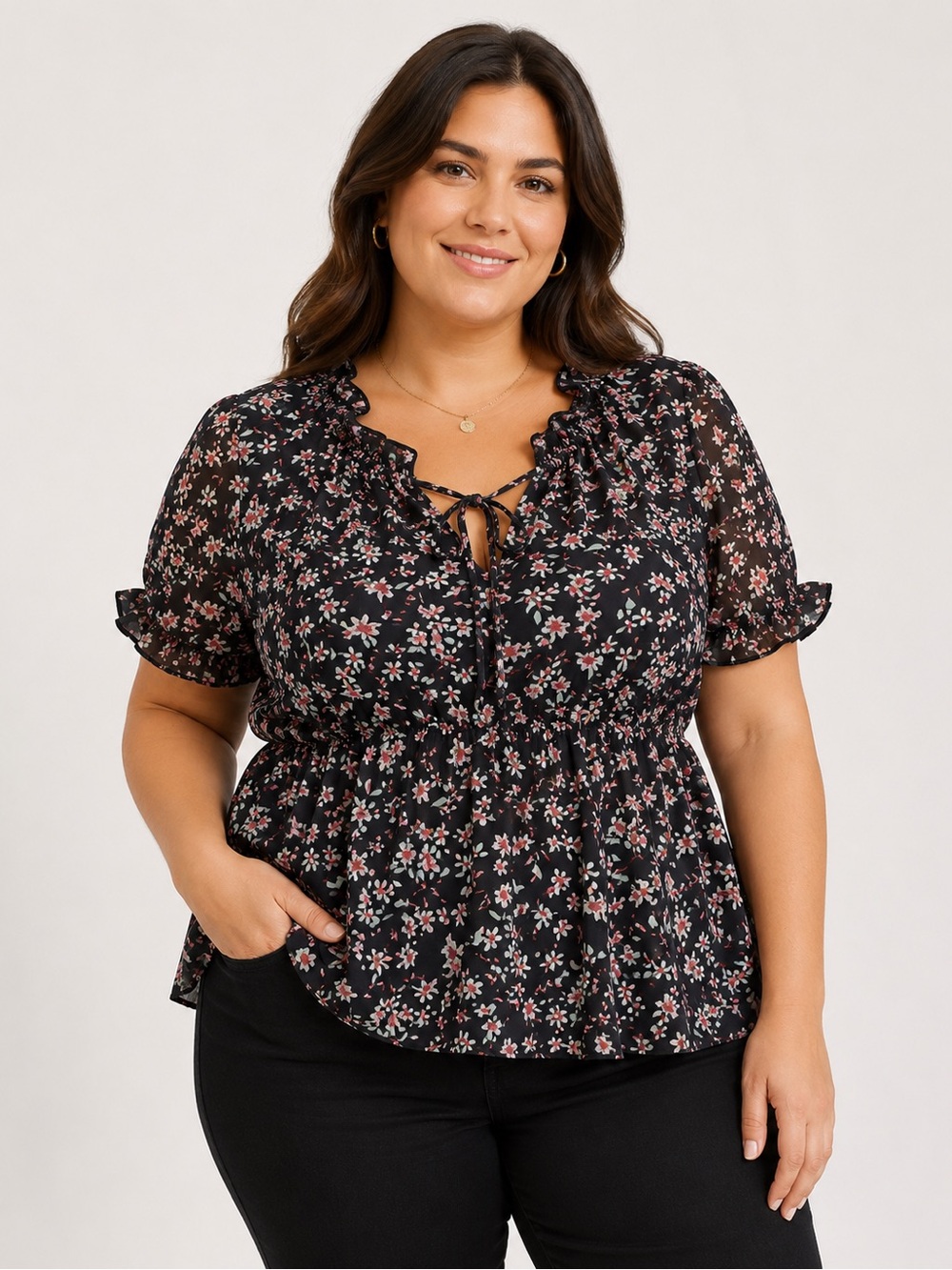 SHEIN Black Floral Ruffle Tie-Neck Peplum Top
